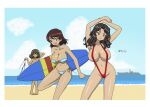  10_ji_lay beach bikini black_hair blue_bikini breasts brown_eyes brown_hair closed_mouth el_(girls_und_panzer) girls_und_panzer green_eyes highres large_breasts long_hair micro_bikini navel ocean one_eye_closed open_mouth outdoors purple_bikini red_slingshot_swimsuit short_hair side-tie_bikini_bottom signature slingshot_swimsuit smile surfboard swimsuit thong_bikini tristana_(girls_und_panzer) viridiana_(girls_und_panzer) 