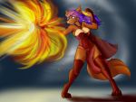  2020 4:3 anthro big_breasts breasts brown_body brown_fur canid canine canis clothed clothing countershade_torso countershading female fire fur green_eyes hair hi_res humanoid kierra_holt magic mammal purple_hair signature simple_background solo tagme wolf wolfie-pawz 