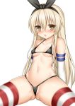  1girl bikini black_hairband blonde_hair breasts brown_eyes collarbone eyebrows_visible_through_hair hair_between_eyes hairband kantai_collection long_hair looking_at_viewer micro_bikini navel open_mouth shimakaze_(kantai_collection) simple_background sitting small_breasts solo striped striped_legwear swimsuit thighhighs toshishikisai wet white_background 