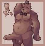 anthro balls bear belly big_penis bodily_fluids bow_tie cum five_nights_at_freddy&#039;s freddy_(fnaf) genital_fluids genitals grin hi_res hyper leaking_cum male mammal olifawn overweight overweight_male pecs penis scottgames smile solo tired_eyes