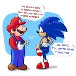  1:1 2020 anthro blue_body blue_eyes blue_fur brown_hair cellphone clothing crossover dialogue duo english_text eulipotyphlan facial_hair footwear fur gloves green_eyes hair handwear hedgehog hi_res holding_cellphone holding_object holding_phone human kairy_draws looking_down male mammal mario mario_bros mustache nintendo on_one_leg open_mouth overalls phone shoes sonic_the_hedgehog sonic_the_hedgehog_(series) speech_bubble standing text video_games 