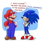  1:1 2020 anthro blue_body blue_eyes blue_fur brown_hair clothing crossed_arms crossover dialogue duo english_text eulipotyphlan facial_hair fist footwear fur gloves green_eyes hair handwear hat headgear headwear hedgehog hi_res human kairy_draws looking_at_another male mammal mario mario_bros mustache nintendo open_mouth overalls red_clothing red_hat red_headwear shoes sonic_the_hedgehog sonic_the_hedgehog_(series) speech_bubble standing text video_games 