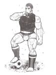  1boy ball bara breath bulge facial_hair full_body goatee_stubble greyscale highres large_pectorals looking_to_the_side male_focus mature_male medium_sideburns micro_shorts midriff_peek monochrome muscular muscular_male onionworkshop original paid_reward_available pectorals shirt short_hair shorts soccer soccer_ball socks solo sportswear standing stubble sweat takeshi_(onionworkshop) taut_clothes taut_shirt thick_thighs thighs very_sweaty 