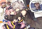  &gt;_&lt; 1boy 1girl :&lt; animal_ears arknights bare_shoulders black_footwear black_gloves black_hairband black_jacket blue_bow boots bow braid brown_headwear cabbie_hat cat_ears cat_girl cat_tail closed_eyes closed_mouth flying_sweatdrops gloves goldenglow_(arknights) grey_hair hair_between_eyes hair_bow hairband hat highres holding holding_sign hug jacket lightning_bolt_print long_sleeves open_clothes open_jacket pink_hair pink_jacket print_hairband puffy_long_sleeves puffy_sleeves red_(npc)_(arknights) shirt sign single_braid tail translation_request white_shirt xinjinjumin6937269 