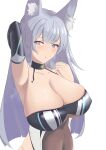  1girl absurdres animal_ear_fluff armpits azur_lane black_choker breasts choker cleavage clothing_cutout elbow_gloves fox_girl gloves grey_eyes grey_hair highres huge_breasts long_hair looking_at_viewer official_alternate_costume presenting_armpit race_queen shinano_(azur_lane) shinano_(dreams_of_the_hazy_moon)_(azur_lane) simple_background solo spice_ry stomach_cutout upper_body 