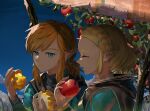  1boy 1girl apple apple_tree black_capelet blonde_hair blue_eyes blue_sky braid capelet champion&#039;s_tunic_(zelda) closed_mouth commentary_request crown_braid earrings eating food fruit golden_apple hair_ornament hairclip highres holding holding_food holding_fruit hood hood_down hooded_capelet jewelry link long_sleeves looking_at_another medium_hair outdoors parted_bangs pointy_ears princess_zelda red_apple short_hair short_ponytail signature sky smile the_legend_of_zelda the_legend_of_zelda:_tears_of_the_kingdom tree tsujieiri 