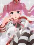  1girl blunt_bangs capelet commentary crop_top crown ghost grey_eyes highres looking_at_viewer love1loooomy mini_crown neck_ribbon one_piece pantyhose perona pink_hair pink_ribbon red_capelet ribbon solo striped_clothes striped_pantyhose twintails 
