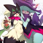  2girls :d animal_ear_fluff animal_ears body_fur breasts character_request commentary english_commentary furry furry_female green_fur highres katress_(palworld) looking_at_another looking_at_viewer medium_breasts meowscarada multiple_girls navel one_eye_closed open_mouth palworld pokemon red_eyes smile thighs white_fur whooo-ya 