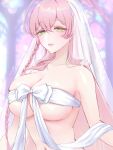  1girl ahoge blue_archive braid breasts closed_mouth filha green_eyes halo hanako_(blue_archive) huge_breasts long_hair looking_at_viewer naked_ribbon navel pink_hair pink_halo pink_lips ribbon smile solo stomach wedding white_ribbon white_veil 