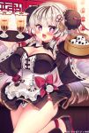  1girl :d apron bamboo_steamer baozi black_bow black_bowtie black_footwear black_hair blush bow bowtie bun_cover china_dress chinese_clothes commentary_request double_bun dress flower-shaped_pupils food frilled_apron frills grey_hair hair_bun hand_up holding holding_tray juliet_sleeves long_hair long_sleeves looking_at_viewer multicolored_hair original panties puffy_sleeves purple_eyes red_bow ribbon-trimmed_sleeves ribbon_trim shoes smile solo standing standing_on_one_leg streaked_hair suzunone_rena symbol-shaped_pupils tray underwear very_long_hair white_apron white_bow white_bowtie white_panties wide_sleeves 