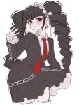  1girl :o absurdres black_hair black_jacket black_skirt celestia_ludenberg cropped_legs danganronpa:_trigger_happy_havoc danganronpa_(series) drill_hair earrings gothic_lolita grey_background hand_up headdress highres jacket jewelry layered_skirt lolita_fashion long_hair looking_at_viewer mi_loveyouuu necktie open_clothes open_jacket pleated_skirt red_necktie simple_background skirt solo twin_drills twintails 