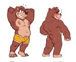 2022 anthro banjo-kazooie banjo_(banjo-kazooie) bear bedroom_eyes blush brown_body brown_fur clothed clothing deliverymutt front_and_back full-length_portrait fur grin hand_behind_head hi_res looking_away looking_back male mammal narrowed_eyes nipples nude off/on portrait rareware seductive simple_background slightly_chubby slightly_chubby_male smile solo underwear underwear_only white_background yellow_clothing yellow_underwear