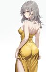  1girl alternate_costume ass bare_arms bare_back bare_shoulders breasts cowboy_shot dress gradient_background grey_background grey_hair highres honkai:_star_rail honkai_(series) long_hair looking_at_viewer medium_breasts solo standing stelle_(honkai:_star_rail) strapless strapless_dress trailblazer_(honkai:_star_rail) white_background yan_kodiac yellow_dress yellow_eyes 