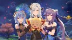  3girls :d absurdres ahoge bare_shoulders black_dress blue_dress blue_hair commentary_request cone_hair_bun detached_sleeves dress fireworks ganyu_(genshin_impact) genshin_impact hair_bun hair_ornament highres horns keqing_(genshin_impact) long_hair looking_at_viewer lumine_(genshin_impact) multiple_girls night night_sky open_mouth outdoors purple_dress purple_eyes purple_hair qise_zhijing shenhe_(genshin_impact) short_sleeves sky smile strapless strapless_dress tree upper_body very_long_hair white_hair 