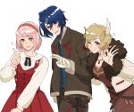  1boy 2girls alcryst_(fire_emblem) asymmetrical_hair blonde_hair blue_hair brown_dress citrinne_(fire_emblem) closed_mouth dress earrings feather_hair_ornament feathers fire_emblem fire_emblem_engage fur_trim gloves hair_ornament hair_ribbon hairband hairclip hoop_earrings jacket jewelry lapis_(fire_emblem) long_sleeves looking_at_viewer mawiwuwi multiple_girls necklace one_eye_closed open_mouth pink_eyes pink_hair red_dress red_eyes ribbon shirt shirt_under_dress short_hair smile v white_background white_gloves white_ribbon white_shirt 