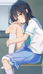  1girl absurdres black_hair blue_sailor_collar blue_skirt brown_eyes chair closed_mouth commentary_request grey_background hand_on_own_leg hibike!_euphonium highres knee_up kneehighs light_frown liz_to_aoi_tori long_hair looking_at_viewer sailor_collar school_chair school_uniform serafuku short_sleeves sidelocks sitting skirt socks solo white_serafuku white_socks xiaolongjun yoroizuka_mizore 