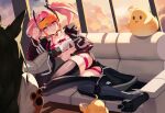  2girls absurdres akashi_(azur_lane) animal_ears ass azur_lane black_choker black_coat black_thighhighs breasts bremerton_(azur_lane) cai_zhao_feng_li cat_ears cat_girl choker cloud cloudy_sky coat couch full_body green_hair highres indoors large_breasts long_sleeves lying manjuu_(azur_lane) multiple_girls no_shoes on_couch on_side orange-tinted_eyewear pink_eyes pink_hair sky sleeves_past_fingers sleeves_past_wrists soles sunset thighhighs tinted_eyewear twintails very_long_sleeves 