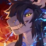 1:1 ambiguous_gender anthro black_hair blue_markings bust_portrait corzh77 dragon electricity fangs front_view glowing glowing_eyes grey_body grey_scales grey_sclera grin hair hi_res horn looking_at_viewer markings portrait scales smile solo teeth white_eyes white_horn yellow_eyes