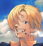  1boy absurdres black_eyes blonde_hair chinese_commentary cigarette clenched_teeth cloud cloudy_sky commentary_request curly_eyebrows facial_hair formal goatee hair_over_one_eye highres looking_at_viewer male_focus mouth_hold one_eye_covered one_piece outdoors rita_ya sanji_(one_piece) short_hair sky smile smoke solo suit teeth 