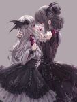  2girls ascot black_flower black_rose black_shirt black_skirt black_wings blood blood_on_tongue bright_pupils candy commentary eye_contact fang feet_out_of_frame fingernails flower food frilled_skirt frills from_side gothic_lolita grey_background grey_hair hair_bun hair_flower hair_ornament half_updo high-waist_skirt highres holding holding_candy holding_food holding_lollipop hug juliet_sleeves licking lolita_fashion lollipop long_hair long_sleeves looking_at_another medium_hair missile228 multiple_girls open_mouth original profile puffy_long_sleeves puffy_sleeves red_eyes red_nails rose sharp_fingernails shirt simple_background skirt smile tongue tongue_out vampire very_long_hair white_ascot white_shirt wings yuri 