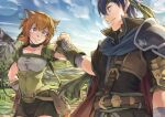  1boy 1girl armor bandana belt belt_buckle black_hair blonde_hair blue_eyes breasts buckle closed_mouth collarbone commentary_request fingerless_gloves fire_emblem fire_emblem:_path_of_radiance fire_emblem:_radiant_dawn fist_bump gloves green_bandana green_gloves hand_on_own_hip ike_(fire_emblem) jelly_shrimp lens_flare lethe_(fire_emblem) medium_breasts mountain outdoors purple_eyes short_hair short_sleeves shoulder_armor smile standing sunlight 