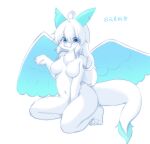 absurd_res anthro blue_eyes blush breasts canxue dragon feathered_wings feathers female fur furred_dragon hi_res holyhorizon human humanoid looking_at_viewer mammal nude pal_(species) palworld quivern simple_background solo white_background white_body wings