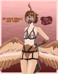 anthro arc_rose areola avian beak bird blind blush bra breasts clothed clothing dialogue digital_drawing_(artwork) digital_media_(artwork) disability female flat_chested genitals hand_on_hip hi_res lingerie lingerie_panties nipples pussy small_breasts solo underwear underwear_only wings