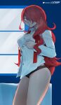  1girl :o black_panties breasts breath collared_shirt flytrapxx hair_over_one_eye heavy_breathing highres kirijou_mitsuru long_hair long_sleeves looking_to_the_side medium_breasts open_clothes open_shirt panties partially_undressed persona persona_3 red_eyes red_hair shirt solo underwear white_shirt 