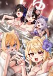  5girls :3 :d absurdres animal_ear_fluff animal_ears armpits asymmetrical_horns black_flower black_hair black_horns blonde_hair blue_eyes blue_hair blush bow breasts colored_inner_animal_ears commentary crossed_bangs demon_horns dog_ears dog_girl dutch_angle english_commentary fang flower fuwawa_abyssgard grey_hair hair_between_eyes hair_bow hair_bun hair_flaps hair_flower hair_ornament hand_up highres holoadvent hololive hololive_english horn_flower horns jadea5124 jewel_under_eye kanzashi koseki_bijou kouhaku_nawa large_breasts looking_at_viewer looking_up mococo_abyssgard mole mole_under_eye multicolored_hair multiple_girls naked_towel nerissa_ravencroft official_alternate_hairstyle onsen open_mouth partially_submerged pebble_(koseki_bijou) pink_flower pink_hair purple_eyes purple_flower red_eyes rope shimenawa shiori_novella short_hair sidelocks single_hair_bun sitting smile split-color_hair steam streaked_hair towel two-tone_hair v virtual_youtuber w water white_towel yellow_eyes 