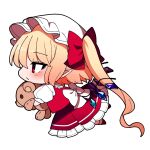  1girl blonde_hair blush closed_mouth crystal flandre_scarlet frilled_skirt frills full_body hat long_hair mob_cap one_side_up pointy_ears puffy_short_sleeves puffy_sleeves red_eyes red_footwear red_skirt red_vest shirt shoes short_sleeves simple_background skirt socks solo stuffed_animal stuffed_toy teddy_bear touhou vest white_background white_headwear white_shirt white_socks wings you_(noanoamoemoe) 