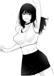  1girl absurdres armpits bare_shoulders blush breasts choker greyscale grin highres long_hair looking_at_viewer midriff monochrome original simple_background skirt smile solo sweat tank_top tantanmen72 white_background 