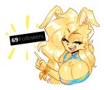 2024 69_(number) anthro big_breasts blonde_hair breasts chest_tuft cleavage clothed clothing eyebrows eyelashes female fur glistening glistening_breasts green_eyes hair hi_res jamoart katie_(jamoart) lagomorph leporid looking_at_viewer mammal open_mouth rabbit solo tuft yellow_body yellow_fur