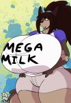2016 abstract_background anthro big_breasts biped bottomwear breasts brown_hair canid canine canis clothing dated dedoarts female hair hi_res huge_breasts looking_at_self mammal mega_milk meme open_mouth shelly_bakston shorts solo wolf yellow_eyes