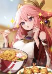  1girl absurdres animal_ears ankkoyom blurry blurry_background breasts chopsticks detached_sleeves earrings fox_ears fukuuchi_udon_(genshin_impact) genshin_impact golden_shrimp_balls_(genshin_impact) hair_between_eyes hands_up highres holding holding_chopsticks jewelry large_breasts long_hair looking_at_food nail_polish nontraditional_miko open_mouth pink_hair pink_nails purple_eyes sidelocks solo sparkle steaming_food surprised toenail_polish toenails turtleneck upper_body vision_(genshin_impact) wide_sleeves yae_miko 