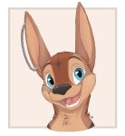 2024 absurd_res ambiguous_gender anthro black_nose blue_eyes brown_body brown_fur dated digital_media_(artwork) ear_piercing fur hi_res kangaroo looking_at_viewer louart macropod mammal marsupial open_mouth open_smile piercing signature simple_background smile solo tongue