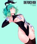  1girl animal_ears breasts cesar_art456 green_background green_eyes green_hair highres necktie one-punch_man open_mouth playboy_bunny rabbit_ears short_hair simple_background solo tatsumaki thighhighs underboob wrist_cuffs 