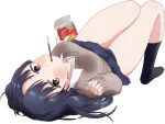  1girl black_socks blue_hair blue_skirt boku_no_kokoro_no_yabai_yatsu box breasts brown_eyes closed_mouth collared_shirt dark_blue_hair food food_in_mouth from_behind grey_sweater holding holding_box komatsu_(sakanae) large_breasts long_hair long_sleeves looking_at_viewer lying miniskirt mouth_hold on_back pleated_skirt pocky pocky_in_mouth school_uniform shirt simple_background skirt socks solo sweater thighs white_background white_shirt yamada_anna 