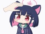  &gt;_&lt; 1girl 1other animal_ears animated animated_gif black_hair black_hoodie blue_archive blush_stickers cat_ears chibi closed_eyes colored_inner_hair commentary_request disembodied_limb ear_wiggle halo hand_on_another&#039;s_head head_down headpat heart heart_background hood hoodie kazusa_(blue_archive) multicolored_hair neckerchief pink_hair pink_neckerchief red_eyes school_uniform serafuku short_hair simple_background solo_focus two-tone_hair umihio upper_body white_background 