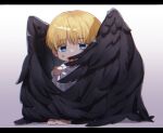  1boy absurdres axis_powers_hetalia barefoot black_wings blonde_hair blood blood_on_clothes blood_on_face blue_eyes child colored_eyelashes feathered_wings full_body gradient_background grey_background hiding highres holy_roman_empire_(hetalia) injury letterboxed light_particles long_sleeves looking_at_viewer male_focus peeking_out robe save_1075 short_hair simple_background sitting solo white_background white_robe wings 