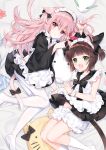  2girls alternate_costume animal_ears apron azur_lane black_bow blush bow brown_hair bunny cat cat_ears cat_tail closed_mouth dress enmaided eyebrows_visible_through_hair flower frills green_eyes hair_between_eyes highres kisaragi_(azur_lane) long_hair looking_at_viewer lying maid maid_apron maid_dress maid_headdress multiple_girls mutsuki_(azur_lane) on_side open_mouth pantyhose pf pink_hair puffy_sleeves purple_eyes ribbon short_hair sleeveless sleeveless_dress smile tail white_legwear wide_sleeves 