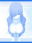  1girl arm_at_side arms_at_sides bed blue_theme breasts full_body hands_on_lap huge_breasts jacket knees_together_feet_apart long_sleeves looking_to_the_side medium_hair monochrome naozuri on_bed one_eye_covered open_clothes open_jacket original own_hands_together shirt short_hair sitting smile solo_focus white_shirt 