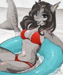  2020 anthro bikini black_hair blue_eyes breasts clothed clothing digital_media_(artwork) ear_piercing ear_ring eyebrows eyelashes female hair inner_tube midriff navel open_mouth pacevanrign partially_submerged piercing sitting solo swimwear tongue 