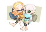  2boys barefoot black_leggings blonde_hair closed_eyes closed_mouth full_body green_eyes inkling_boy inkling_player_character leggings medium_hair multiple_boys octopus pillow pointy_ears purple_eyes short_hair simple_background sitting smile spl8ya splatoon_(series) tentacle_hair white_background white_hair 