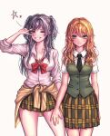  2girls aihara_academy_school_uniform aihara_mei aihara_yuzu alternate_hairstyle azulasi black_hair blonde_hair breasts citrus_(saburouta) cleavage clothes_around_waist collarbone cowboy_shot green_eyes grin hand_on_another&#039;s_thigh highres inseki large_breasts long_hair looking_at_viewer multiple_girls necktie pentagram personality_switch purple_eyes school_uniform siblings simple_background sisters skirt smile sweatdrop thighs twintails v_over_eye white_background yuri 