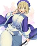  1girl :d blonde_hair blush breasts cowboy_shot dungeon_meshi falin_thorden floral_background hat highres holding holding_staff iroyopon jacket large_breasts long_sleeves looking_away open_mouth pants purple_jacket sash shirt short_hair sideways_glance sleeves_folded_up smile solo staff white_background white_pants white_shirt yellow_eyes 