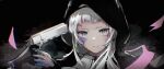  absurdres arknights black_gloves earrings gloves grey_eyes grey_hair gun gun_to_head hand_up highres holding holding_gun holding_weapon hood hood_up irene_(arknights) jewelry long_hair looking_at_viewer nickel74466 parted_lips portrait thick_eyebrows weapon 