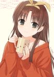  1boy black_eyes brown_hair closed_mouth commentary cup hair_ribbon highres holding holding_cup kinkooo333 light_blush little_busters! long_hair looking_at_viewer mug naoe_riki orange_sweater otoko_no_ko parted_bangs paw_print ribbon sidelocks signature simple_background sleeves_past_wrists smile solo sweater upper_body yellow_background yellow_ribbon 