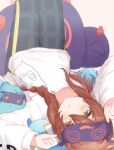  1girl absurdres blush braid brown_hair cellphone cushion debi_tarou eye_mask hair_between_eyes highres idolmaster idolmaster_shiny_colors legs_up looking_at_viewer lying on_back osaki_tenka phone raichita shirt sleep_mask solo upside-down white_shirt 