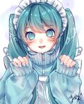  1girl absurdres alternate_costume apron aqua_eyes aqua_hair aqua_jacket aqua_nails drawn_heart drawn_wings hatsune_miku headdress heart highres jacket light_blush looking_at_viewer mai_mugi maid_headdress open_mouth paw_pose signature smile solo track_jacket track_suit vocaloid white_apron white_background 