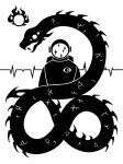 2015 ambiguous_gender black_and_white digital_drawing_(artwork) digital_media_(artwork) duo eye_symbol feral feral_focus fire hi_res human mammal monochrome open_mouth reptile scales scalie silhouette simple_background snake spacesuit spade_tail spines sun sunnyclockwork tail welcome_to_night_vale white_background